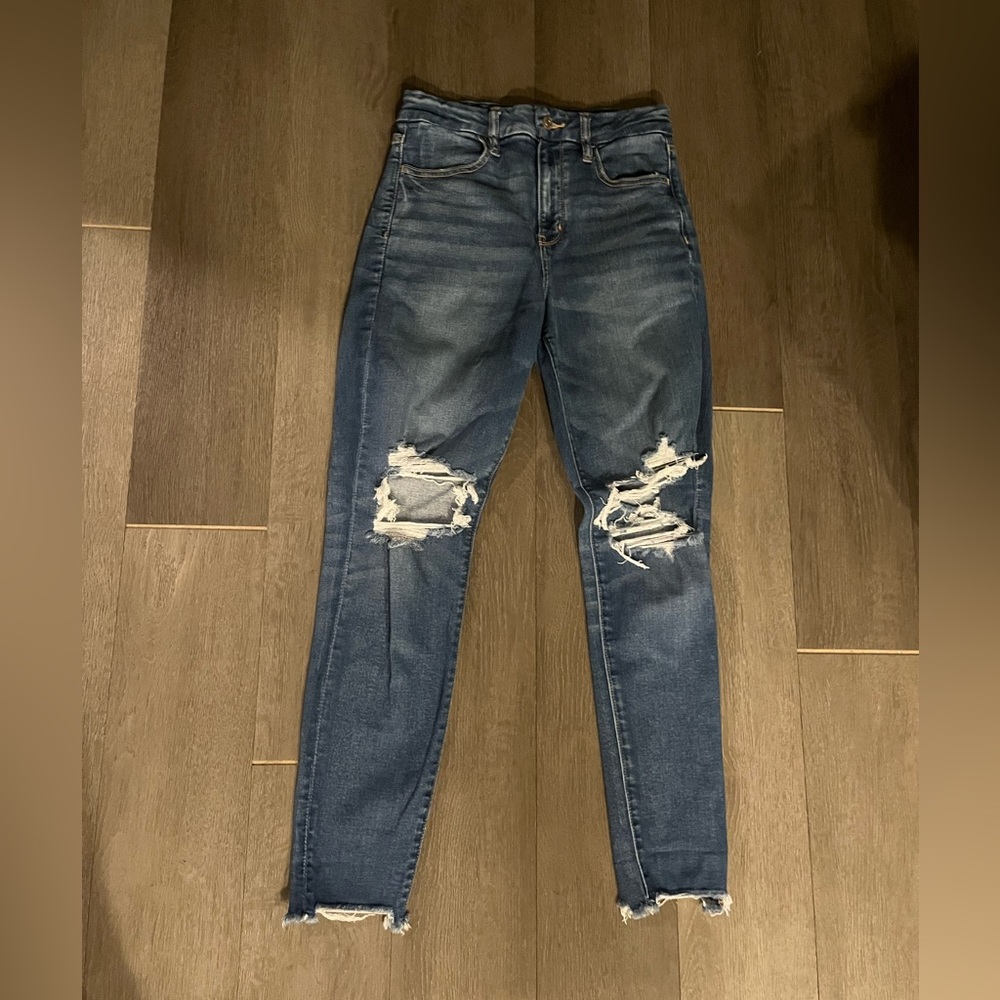 American Eagle Outfitters Ripped Blue Curvy Super High Rise Jegging